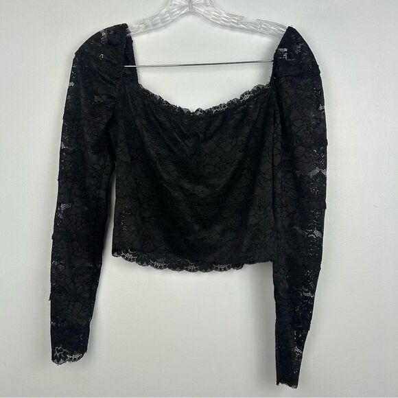 GUESS Kristy Off-The-Shoulder Lace Top Black Sheer 3/4 Sleeves Sz L - Picture 2 of 12